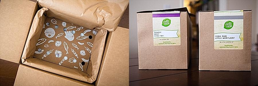  The items for your meals come packaged like this. There is a box with the ingredients for each meal and then under it there are two heavy duty coldpacks keeping the meats cold. That's right - the meat is even included in these boxes! 